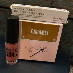 Rare Beauty base, Jeffree Star Caramel luminous setting powder, Morphe lipgloss